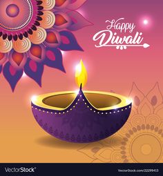 happy diwali greeting card with colorful flower and lit candle on pink background illustration