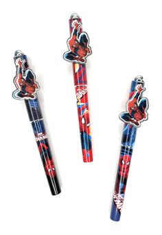 three pens with spiderman designs on them