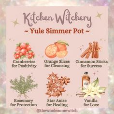 the kitchen witchry yule summer pot is shown in this graphic above it's ingredients