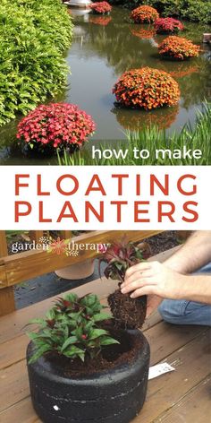 how to make floating planters in a garden with text overlay that reads, how to make floating planters