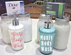 three jars and soap dispensers sitting on a table next to each other