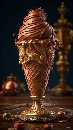 an ice cream sundae is sitting on a table next to other gold and red decorations