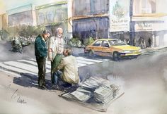 three men standing on the side of a road talking to each other in front of a yellow taxi