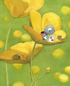 a painting of a blue teddy bear in a yellow flower