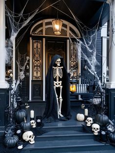 22 Halloween Front Porch Decor Ideas 2024 Victorian Homes Halloween, Spooky Fall Porch Decor, Skulls Halloween Decorations, Halloween Porch Ideas With Skeletons, Halloween Entryway Outdoor, Halloween Decorations Front Of House, Gothic Halloween Decorations Outdoor, Spooky Porch Ideas, Sophisticated Halloween Decor Front Porch