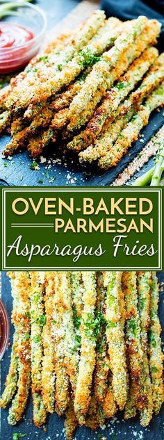 oven - baked parmesan asparagus fries on a plate with dipping sauce