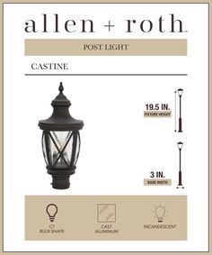 an advertisement for the allen and roh post light, with information about its features