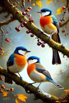 two colorful birds perched on branches with berries