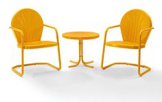 two yellow chairs and a table on a white background