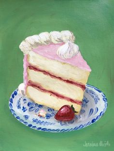 a painting of a piece of cake on a plate with a strawberry and whipped cream topping