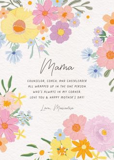 a mothers day card with colorful flowers and the words, mama on it's front