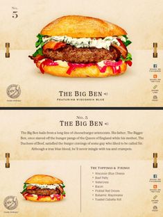 the big ben burger is shown in three different languages, including one with meat and cheese