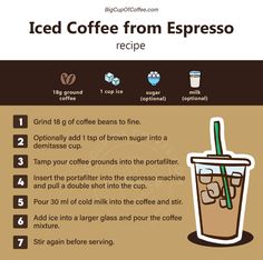 the iced coffee from espresso recipe is shown in this info sheet with instructions