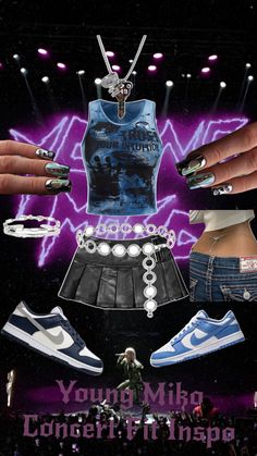 an advertisement for a concert with shoes and rings on it's feet, in front of a purple background