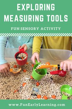 two children are playing with measuring tools on a table filled with seeds and cereals