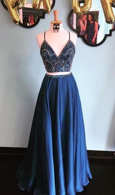 two pieces long navy long prom dress · Winny's store · Online Store Powered by Storenvy Gorgeous Prom Dresses Long, Prom Dress Two Piece, Top Prom Dresses, Navy Prom Dresses, Navy Blue Prom Dresses, Gorgeous Prom Dresses, Spaghetti Strap Prom Dress, Prom Dresses 2019, Prom Dresses Two Piece