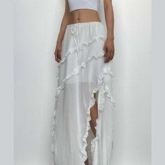 5 business days order processing time. 60% polyester 40% cotton. Individual Size Chart: Unit: cm Size S Size M Size L Waist 60-68 64-72 68-76 Hips 116 120 124 Length 96 97 98 White Ruffle Maxi Skirt, Long Ruffle Skirt, Junk Kouture, Skirts Ideas, Festival Fits, Skirt With Ruffles, Bride Costume, Mermaid Halloween, Formal Dresses With Sleeves