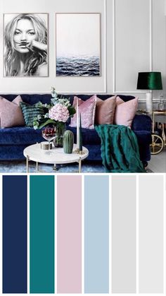 a living room with blue couches, pink and green pillows and pictures on the wall