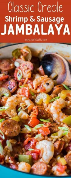 shrimp and sausage jambalya in a blue bowl