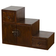 three wooden boxes with one drawer open and the other closed, stacked on top of each other