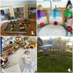 there are four pictures of different toys in the same room, including a play area and an indoor playground