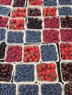 berries, strawberries and blueberries are arranged in trays