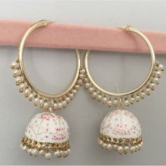 Jhumka Earrings Hoops For Girls Or Women. Nwot White Jhumka Earrings, Adjustable Festive Earrings For Celebration, Bohemian White Jhumkas With Latkans, White Bohemian Jhumkas With Latkans, Traditional White Jhumkas For Pierced Ears, White Hoop Earrings For Festive Wedding, White Hoop Earrings For Wedding And Festive Occasions, Festive White Hoop Earrings For Wedding, White Drop Jhumkas With Latkans