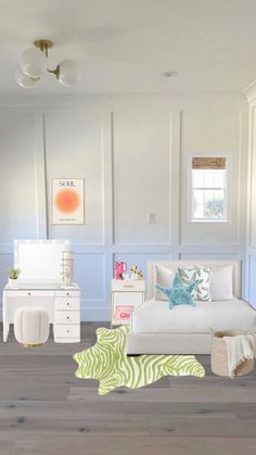 a bedroom with white furniture and zebra rugs