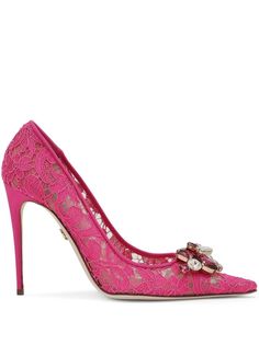 hot pink guipure lace brooch detail crystal embellishment pointed toe slip-on style branded insole 90mm stiletto heel leather sole