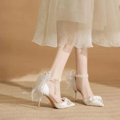 LBSFY - Size 31-43 Pearls Chain Bow High Heels Women's Stiletto Heel Pointed Toe White Bridal Shoes White Wedding Shoes White Bridal Shoes, White Stilettos, Bow High Heels, White High Heels, Bridal Wedding Shoes, White Wedding Shoes, White Bride, Wedding Shoes Heels, Womens Stilettos