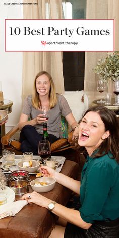 two women sitting at a table with plates of food in front of them and the words 10 best party games