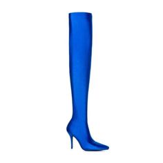 The Azalea Wang Heartout Thigh High Stiletto Boot In Blue. This Slick, Stretchy Thigh High Boot Features An Inner Pump, And A Stiletto Heel. Complete With A Pull-On Silhouette. Completely Sold Out Online. This Is A Lycra Boot With An Inner Pump. Elastic Is Unstretched And Tight. Boots Have Never Been Worn. Non Smoking Home. Ask Questions Before You Buy Please. Fitted High Heel Knee-high Boots For Evening, Chic Fitted Thigh High Heels, Chic Over The Knee Heels, Formal Thigh High Heels, Chic Over-the-knee Heels, Fitted Over-the-knee Evening Heeled Boots, Glamorous Blue Evening Boots, Blue Pointed Toe Heeled Boots For Party, Chic Blue Knee-high Heeled Boots