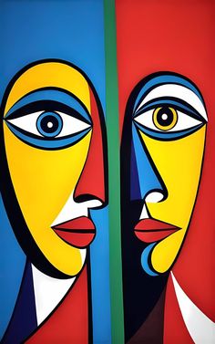 two abstract faces painted in different colors