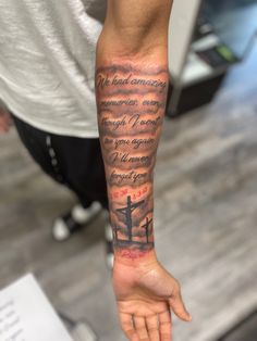 Guy Forarm Tattoos, Time Never Stops Tattoo, Men Memorial Tattoo Ideas, Upper Arm Memorial Tattoo Men, Bible Verse Quarter Sleeve Tattoo, God Arm Tattoos For Guys, Memorial Arm Tattoo Men, My Family Is My Strength Tattoo, Long Live Tattoos For Men Forearm