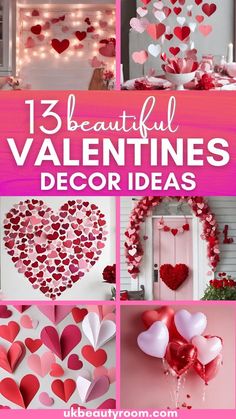 valentine's day decorations with hearts hanging from the ceiling and balloons in the air