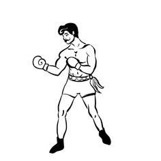 a black and white drawing of a man with boxing gloves on his chest holding a punching glove