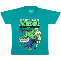 Give your birthday boy an "Incredible" day with our Marvel Hulk My Birthday is Incredible T-shirt. The high-quality cotton ensures maximum comfort making this t-shirt an ideal choice for your little hero. Across the front it features the mighty Hulk coupled with the text 'My Birthday is Incredible' giving an extra touch of superhero fun to their special day. This superhero shirt is available in a variety of sizes - X-Small Small Medium Large and X-Large to ensure a perfect fit for your child. It Hulk Costume, Marvel Hulk, My Birthday Is, Superhero Shirt, Play Day, Marvel Tshirt, Hulk Marvel, Super Hero Costumes, The Mighty