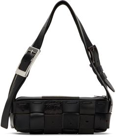 Basket-woven grained leather shoulder bag in black. · Perforated detailing throughout · Adjustable shoulder straps · Leather logo patch at top · Zip closure · Patch pocket at interior · Canvas lining · H4 x W9 x D3.5 Each item is unique. Please note that finishing may vary. Supplier color: Black Designer Black Baguette Bag With Adjustable Strap, Designer Black Baguette Bag For Business, Designer Black Square Baguette Bag, Designer Square Baguette Bag In Black, Black Luxury Square Baguette Bag, Luxury Black Square Baguette Bag, Designer Leather Square Baguette Bag, Black Textured Leather Baguette Bag, Designer Square Leather Baguette Bag