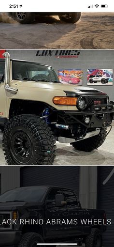 two pictures of the same truck in different colors and sizes, one with black rhino arms wheels