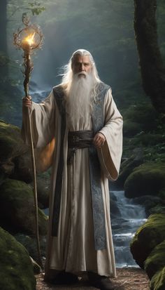 an old man with a long white beard holding a staff in front of a waterfall