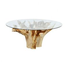 a glass and wood table sitting on top of a white floor