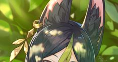 an anime character with long hair and green eyes in front of some leaves on the ground