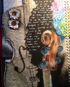 an art journal with buttons and writing on the pages, including a drawing of a violin