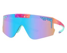 a pair of sunglasses with colorful frames and mirrored lenses on the top, side view