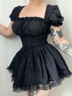 Lace Cute Puff Sleeve Dress Puff Sleeve Corset Tie Mini Dress - AnotherChill Short Puffy Dresses, Mini Dress Design, Black Corset Dress, Mini Wedding Dresses, Punk Dress, Lace Summer Dresses, Style Royal, Estilo Real, Lace Trim Shorts