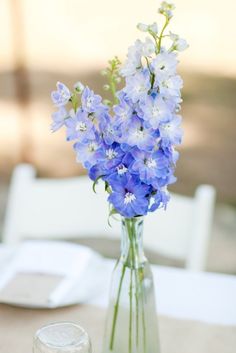 blue flowers in a glass vase on a table with plates and napkins around it