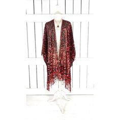 Red Black Sequin Fringe Tassel Kimono Cardigan Cover Up Jacket Measurements...Taken Flat -Size: One Size -Across Width Seam To Seam: 46" -Length With Fringe: 35" Features - Lightweight Sheer Black Net -Accented With Red Sequin -Scalloped Edges -Fringe Hem -Bohemian Gypsy Oversized Flowing Style -Generous Arm Holes Party Outerwear With Tassels, Red Long Sleeve Cardigan For Party, Red Long Sleeve Party Cardigan, Red Fringe Shawl For Fall, Red Fringed Shawl For Fall, Fall Party Outerwear With Tassels, Festive Red Shawl For Party, Festive Red Party Shawl, Red Sequined Outerwear For Party