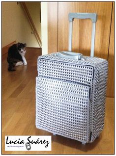 a black and white cat sitting on the floor next to a piece of rattan luggage