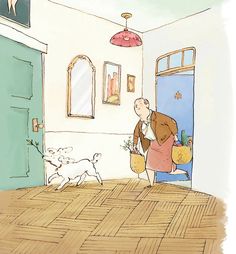 a drawing of a man walking into a house with his dog