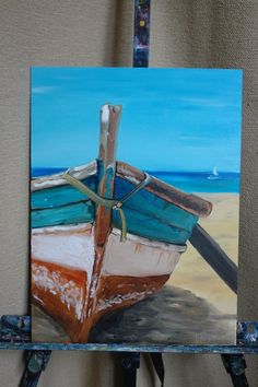 a painting of a boat sitting on top of a easel